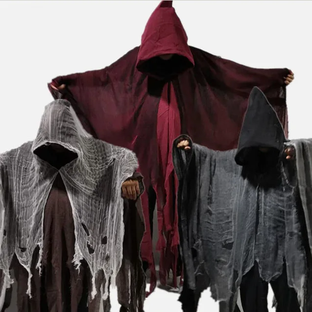 Halloween Ghost Costume Cosplay Adult Death Cloak Horror Zombie Tattered Hooded Capes Skull Skeleton Cosplay Costume