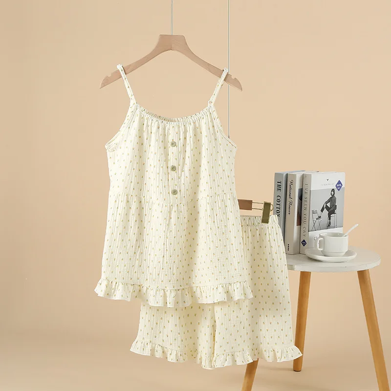 Cotton Women's pajama Set Woman 2 Pieces Spaghetti Strap Sleepwear Women Lovely Cherry print Pajama Loungewear slip dress