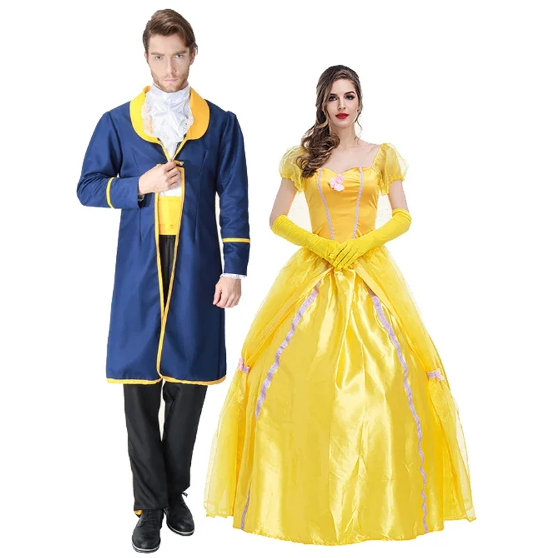 

Halloween Beauty And Beast Yellow Princess Dress Prince Couple Costume Adult Belle Costumes Stage Show Cosplay Fancy Party Dress