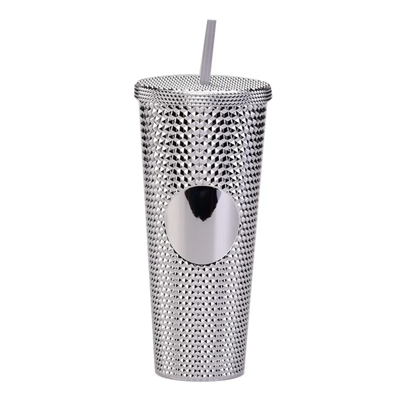 24Oz Matte Glow Inlaid Cup Plastic Coffee Cups With Straw Lids Double Wall Gradient Durian Cup Large Capacity Drinking Cup