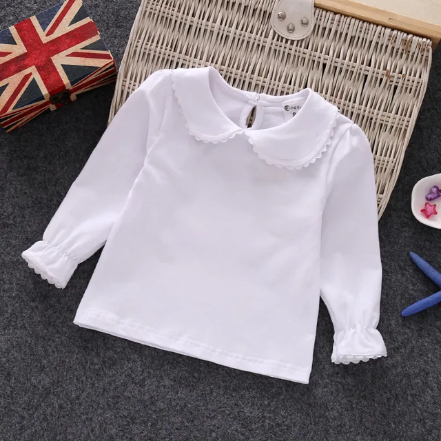 Fall Spring Little Girls Shirts Cotton Lace White Long Sleeve Child T-shirt Girls Kids Baby Toddler Tops and Blouses