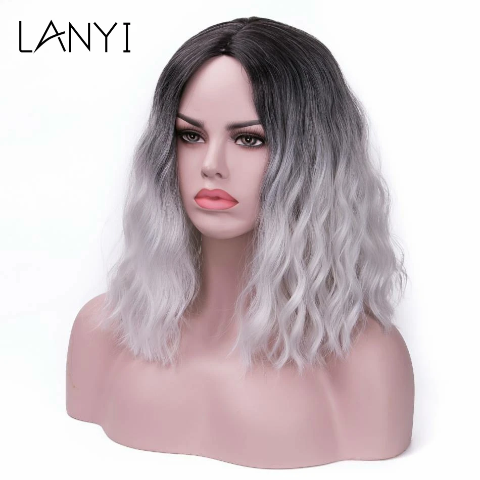 

LANYI 14" Black Ombre Short Bob Body Wave Synthetic Wigs For Women Cosplay Wig Silver Gray Natural Hair Lolita Pelucas Napик