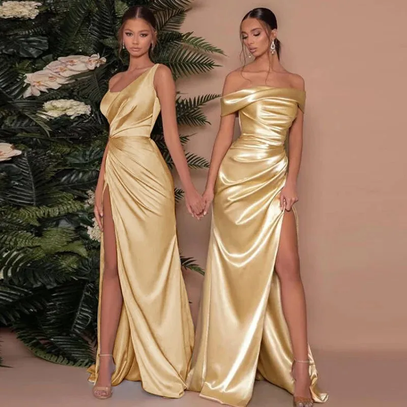 2024 Off The Shoulder Women Mermaid Evening Dress Satin High Split Ruched Prom Gowns Wedding Party Sexy Formal Ocassion Gowns