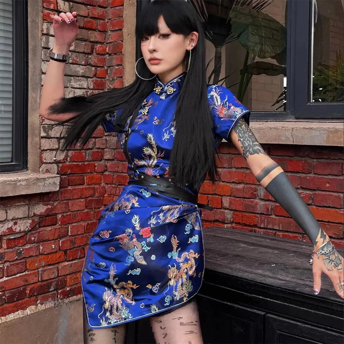Plus Size Cheongsams Qipao Vintage Chinese Dress Dragon Phoenix Print Short Satin Gothic Streetwear Oriental Mini Dresses
