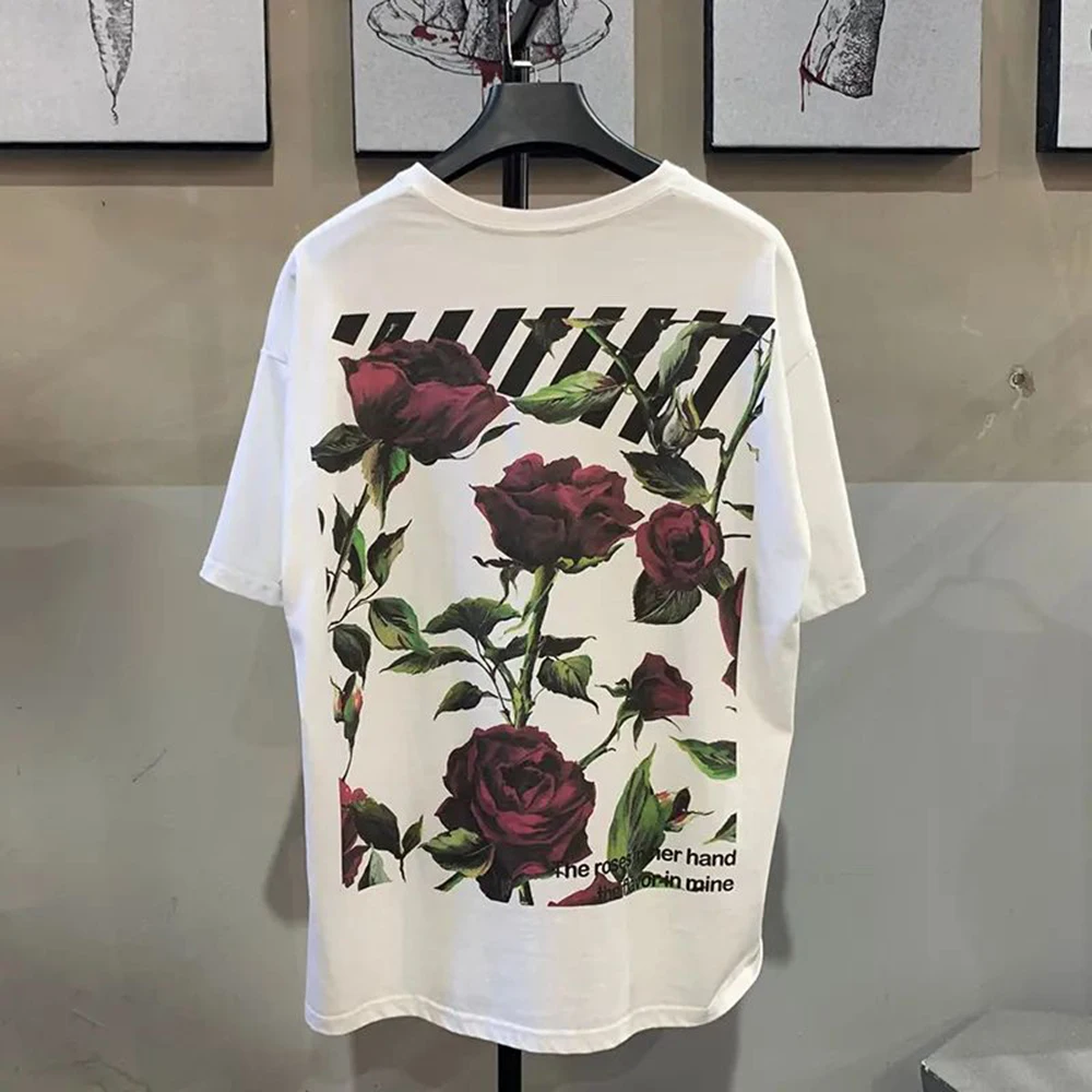 

Hiphop High Street Casual T-shirt Summer Tatoo Rose Y2K Hand-painted Printed Cotton Loose Short-sleeved Top Men's Clothing