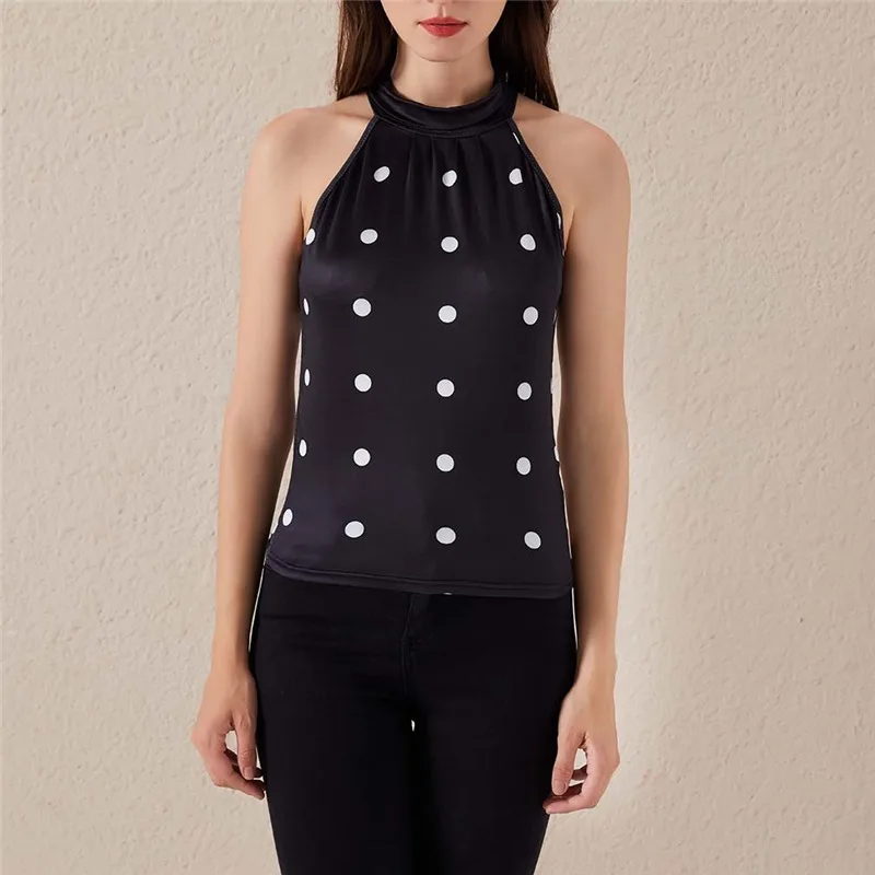 Sexy Women Tight Slim Sleeveless Tank Vest Fitness Halter Shirt Top Fashion Printed Dot Womens Tees Tops New 2023