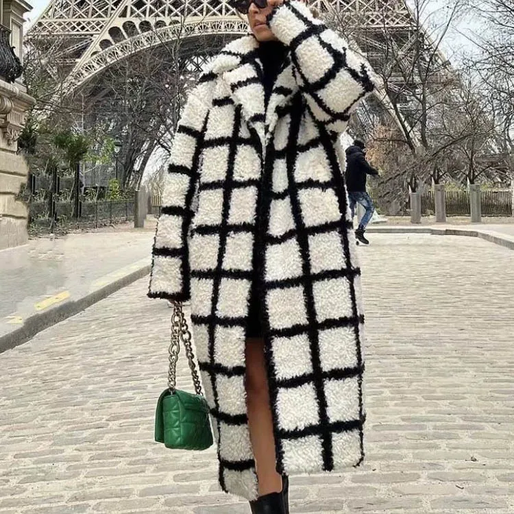 

Casual Long Sleeve Jacket Loose Outwear Boho White Plaid Long Coats for Women Vintage Lapel Oversize Autumn Winter Coat 2022