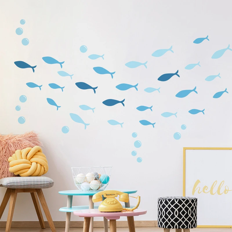 Wall Stickers 42pcs/set Blue Fish Vinyl Wallsticker for Baby kids Room Cartoon Bathroom Ocean Fish Scene