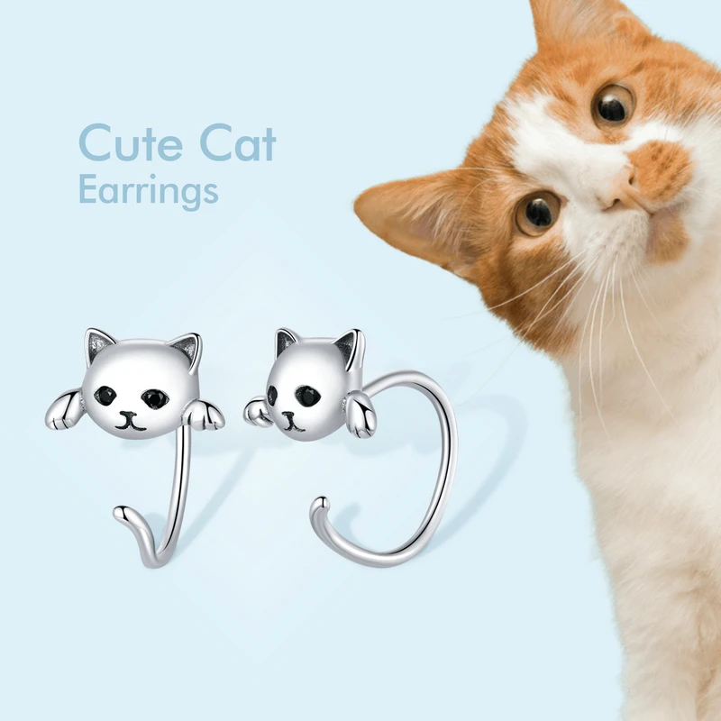 

BISAER Earrings 925 Sterling Silver Cute Cat Love Small Free-Pick Design Stud Earrings For Women Sterling Silver Jewelry ECE965