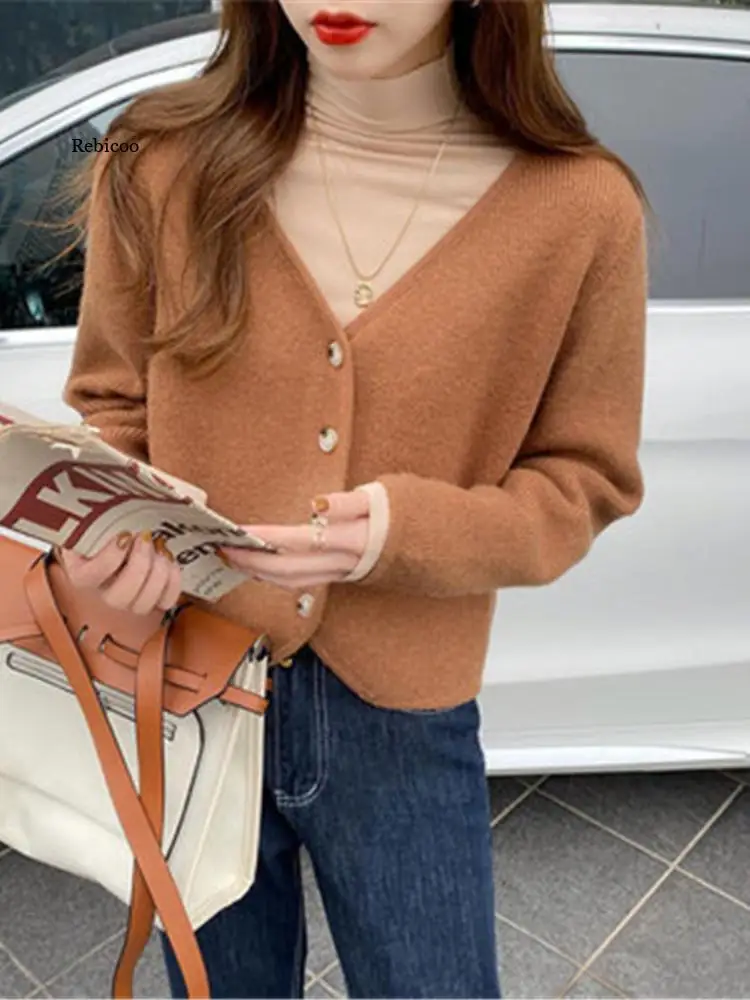 

Autumn Winter Cardigans Korean Chic Solid V Neck Short Sweet Sweaters Women Tops Vintage Single Breasted