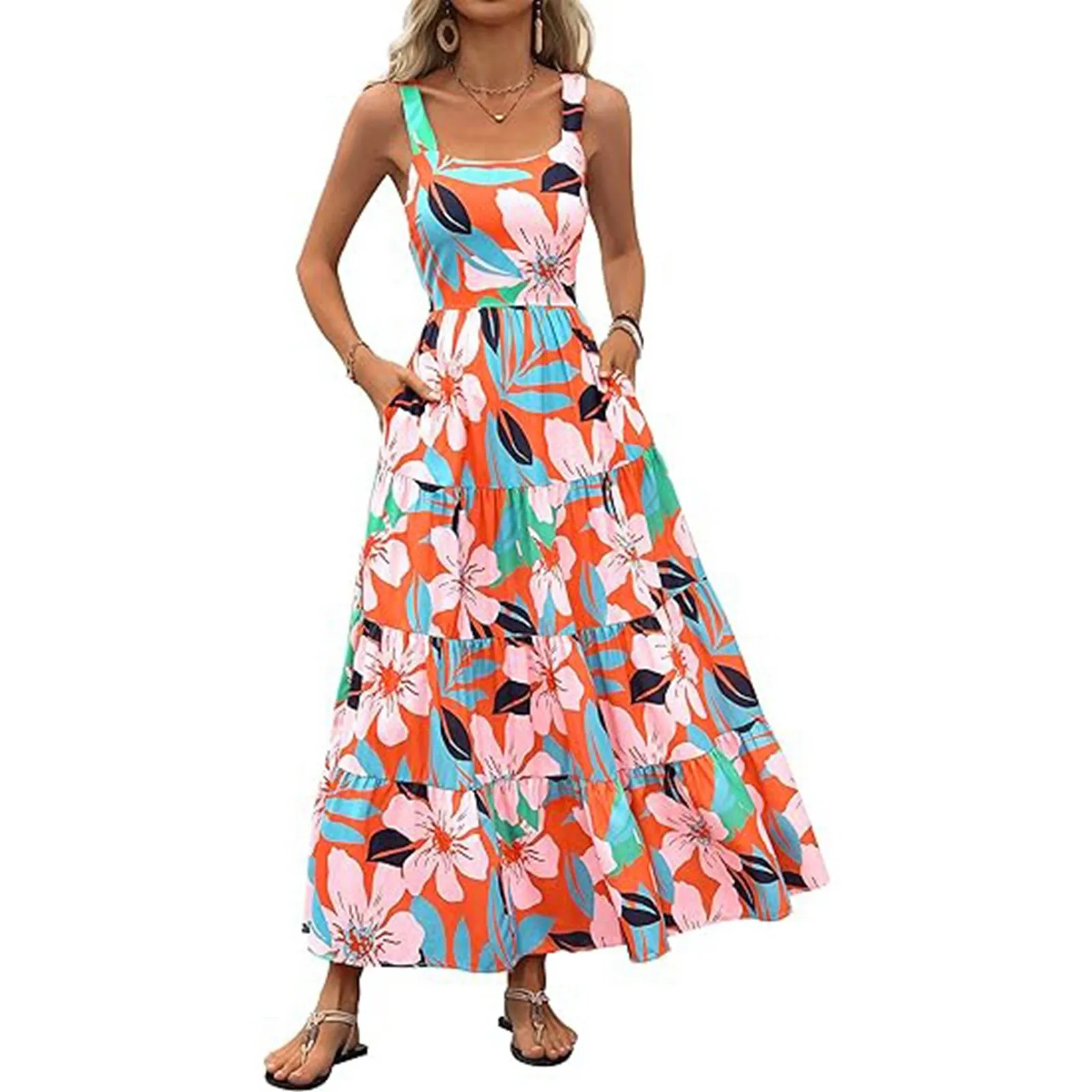 

Boho Women's Sling Dresses Lace Up Floral Printed Summer Sundress Sleeveless Slim Elegant Dress Holiday Vocation Long Dresses