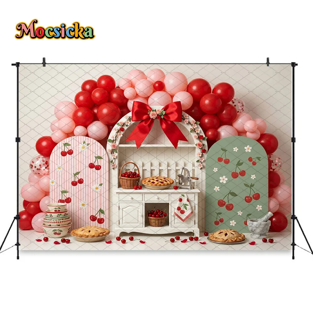 Mocsicka 핑크 체리 베이비 샤워 배경 사진 소녀를위한 풍선 꽃 사진 배경 1 생일 스튜디오 초상화