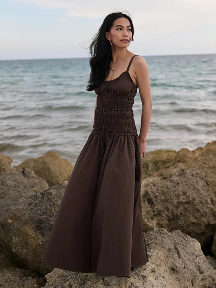 Bornladies New 2026 Summer White Ruched Long Dresses Women's Spaghetti Strap Cotton Slim Fitted Waist Dress