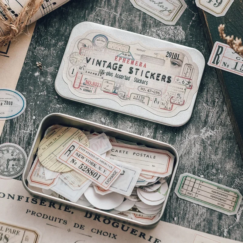 Decorative Stickers Decorative Labels Stickers Stationery Supplies Adhesive Stickers DIY Scrapbooking Accessories Vintage Stickers Decorative Metal Box Junk Journal Ephemera Retro DIY Album Stickers Scrapbooking Material Craft Supplies 100Pcs