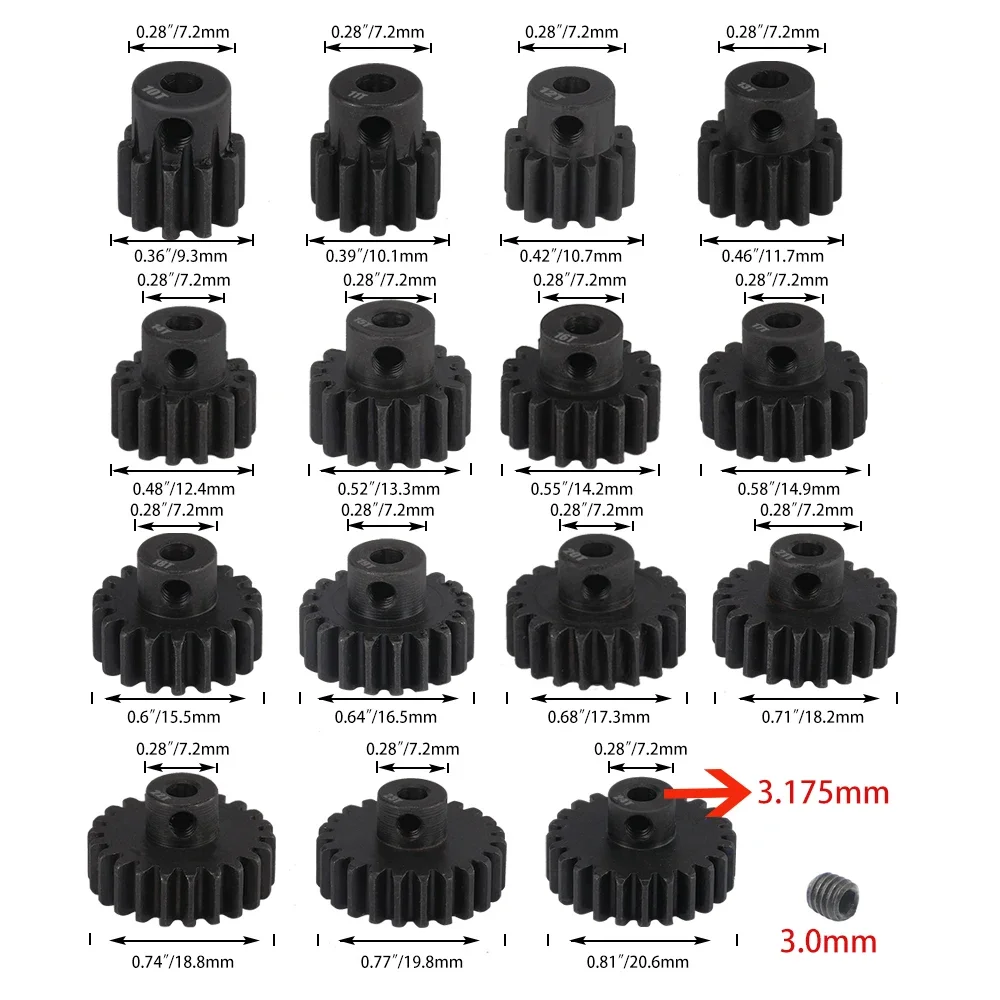 M0.8 3.175mm Motor Gear 10T 11T 12T 13T 14T 15T 16T 17T 18T 19T 20T 21T Hardened Steel Metal Pinion for 1/10 RC Car Accessories
