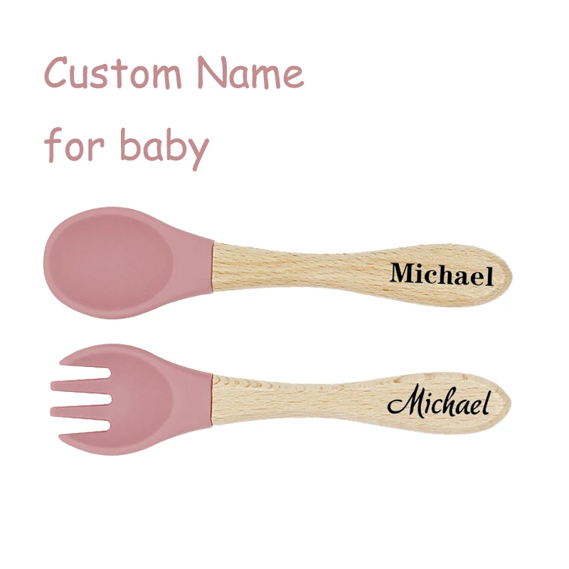 Name Personalized Baby Bamboo Fork Silicone Wooden Feeding Spoon Toddlers Infant Feeding Accessories Organic BPA Free silicone cutlery set baby feeding spoon