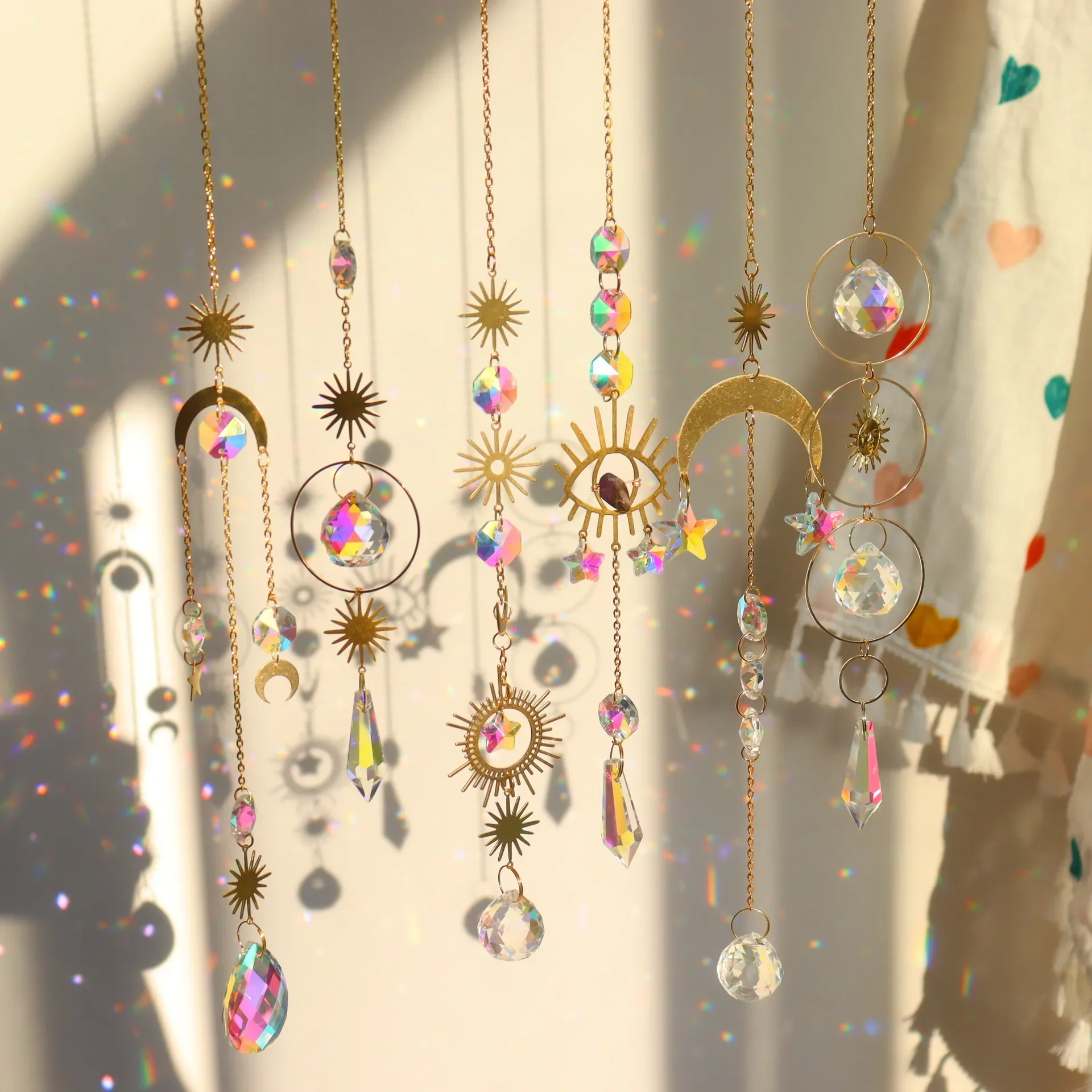 Suncatcher Crystal Prism Ball Gold Moon Star Rainbow Sun Catcher Indoor Window Car Hanging Garden Decoration Gift