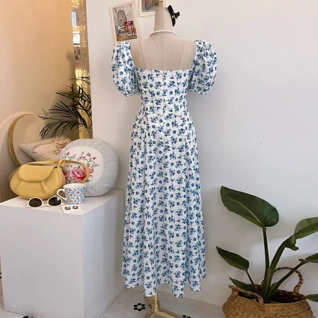 Elegant Puff Sleeve Floral Print Dress Women Summer High Split Long Dresses Woman 2025 Zipper Square Collar Party Dress Female - Image 4