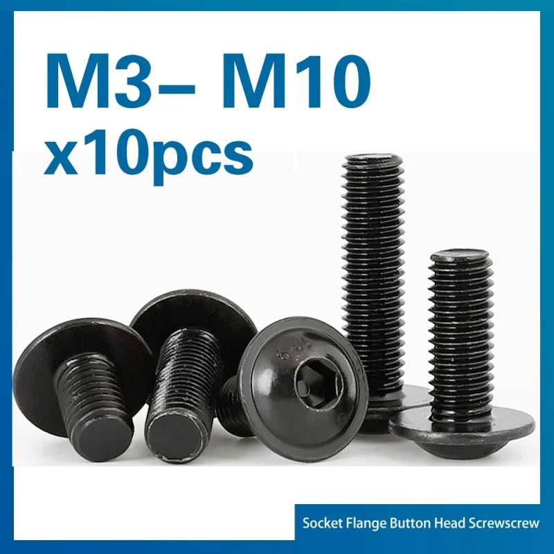 

10pcs/lot M3 M4 M5 M6 M8 M10 Hex Socket Flange Button Head Screws 10.9 High Stength Black Allen Bolts length 6mm to 40mm