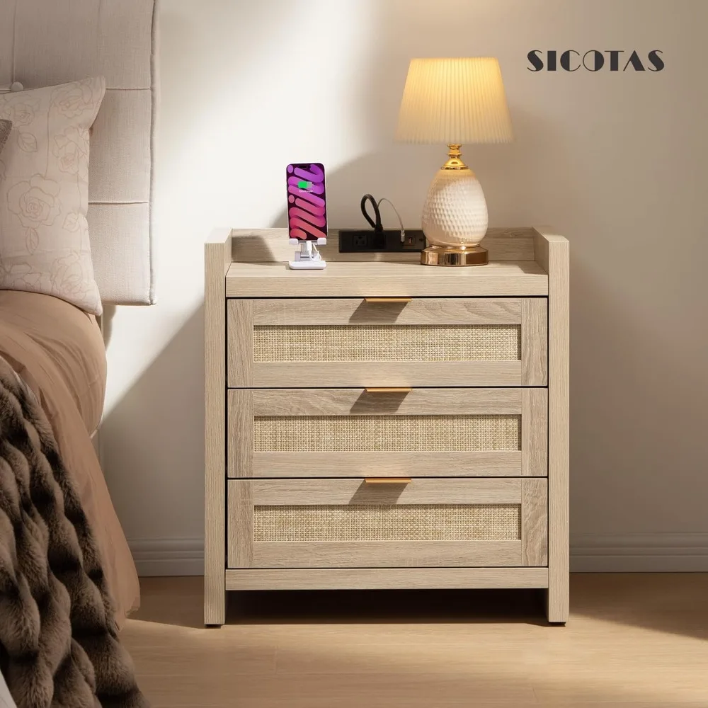 Rattan Nightstands  Bedside Table- Larger Night Stand with Type-C Charging Station,3 Drawers Storage - Boho Night Stands 2