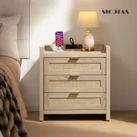 Rattan Nightstands  Bedside Table- Larger Night Stand with Type-C Charging Station,3 Drawers Storage - Boho Night Stands 2