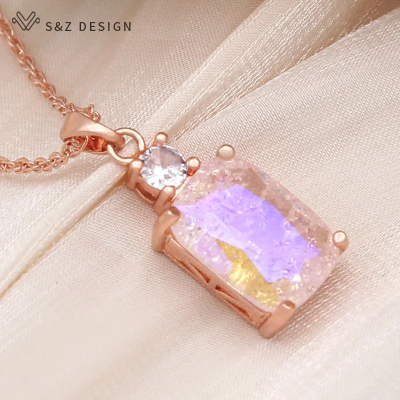 S&Z DESIGN New Fashion 585 Rose Gold Color Cubic Zirconia Rectangle Crystal Pendant Necklace For Women Wedding Party Jewelry