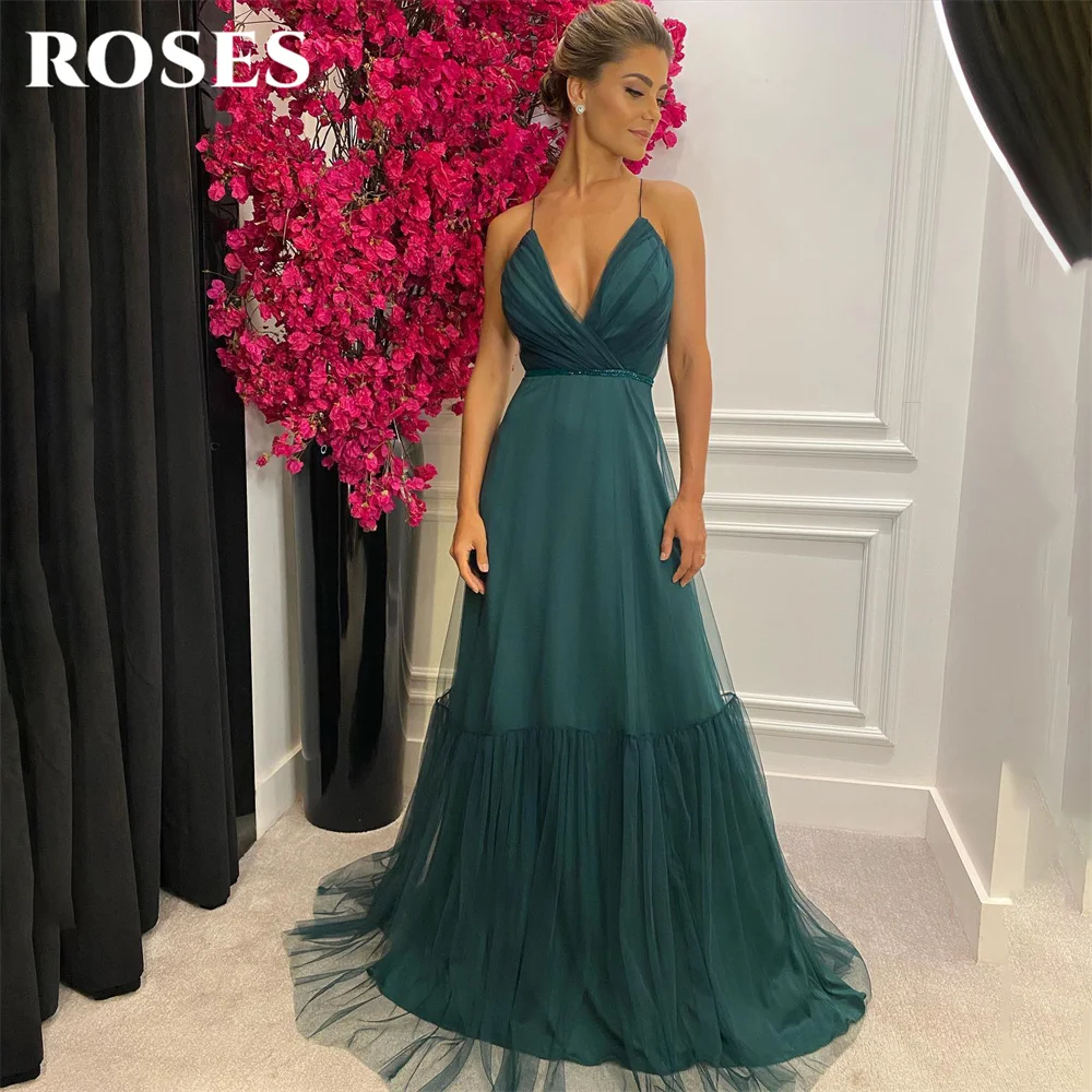 

Длинные вечерние платья на бретелях-спагетти с розами, винтажные ночные платья с V-образным вырезом, темно-зеленые платья знаменитостей, сетчатые платья