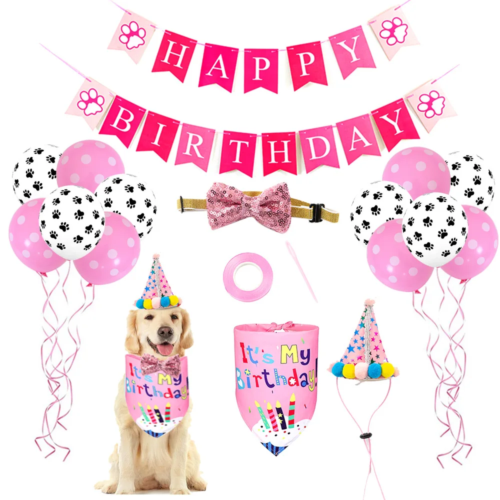 Pet Birthday Party Decoration Set Banner Birthday Hat Tie Dog Claw Balloon