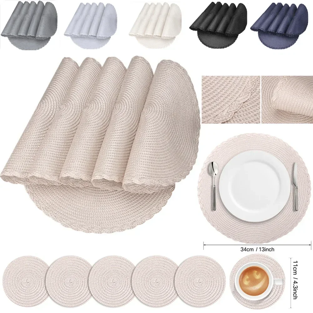 

Woven Round Table Mat with Coaster Heat-Resistant Non-Slip Placemats Washable Resistant Kitchen Decor Tableware Bowl Coffee Pads