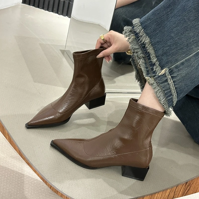 Shoes for Women 2023 New High Quality Silver Women's Boots Sexy Pointed Toe Mid Heel Ankle Boots Stylish Office Female Shoes