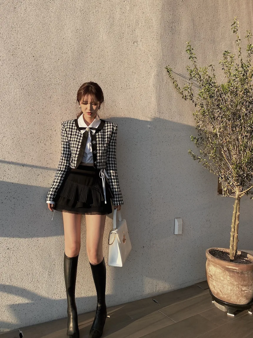Elegant Cropped Jacket Women French Vintage Single Breasted Long Sleeve O-neck Top Autumn Y2k All-match Houndstooth Coats New