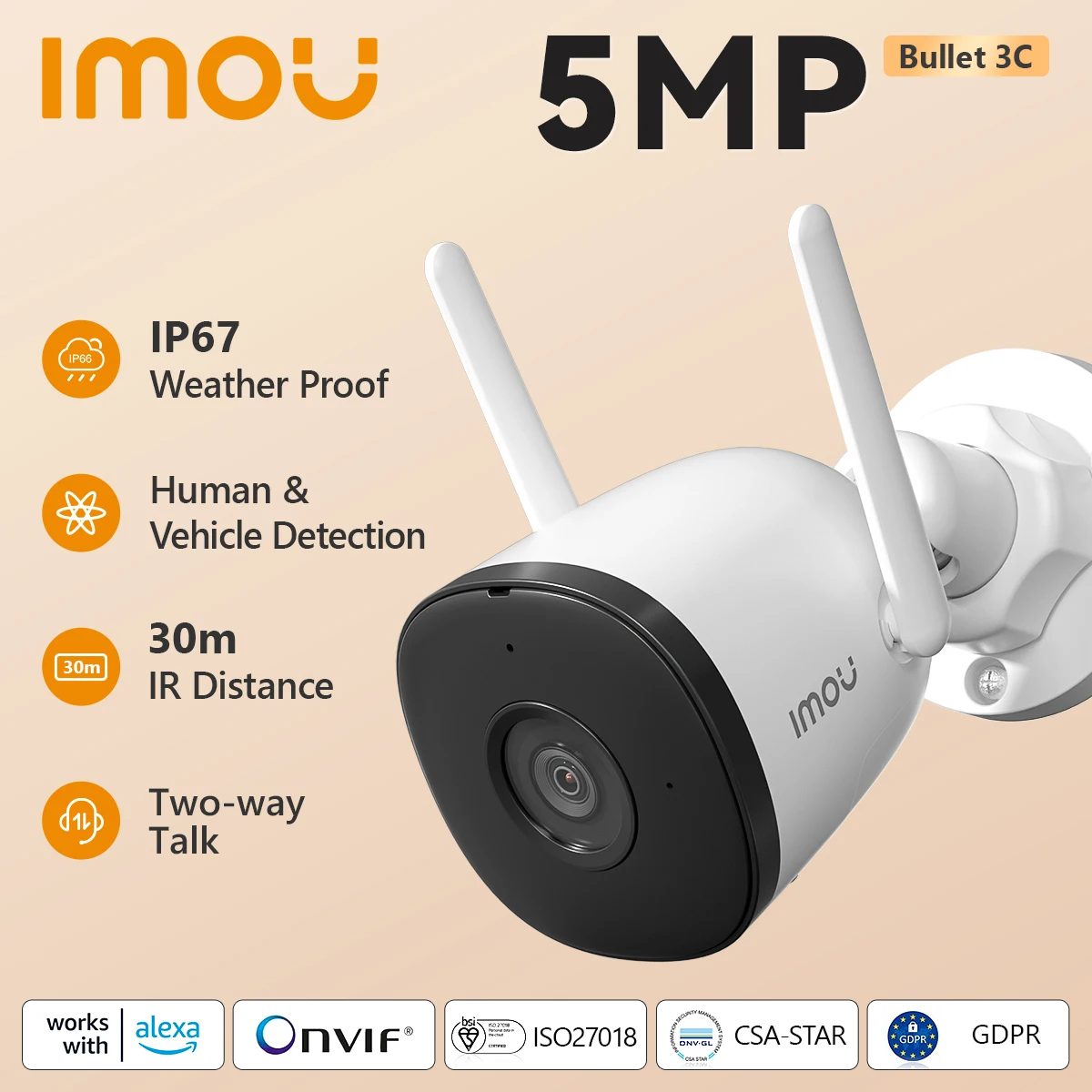 IMOU Bullet 3C 3 mp5mp Wifi IP Camera tracciamento automatico IP67 AI rilevamento di veicoli e umani protezione di sicurezza di sorveglianza esterna