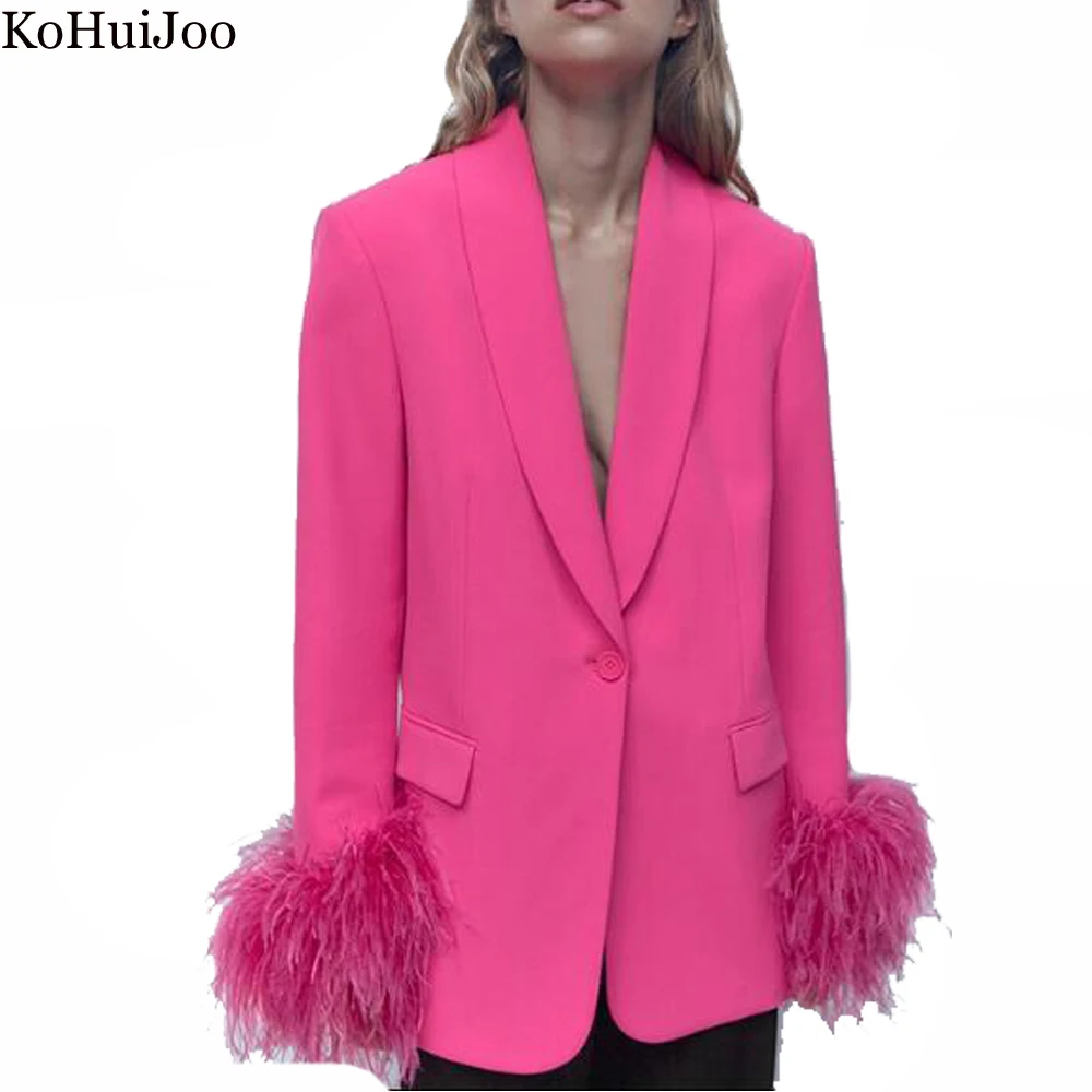 KoHuiJoo Autumn Women's Blazer with Feather High Street Fashion Solid Long Sleeve Straight Loose Ladies Coat One Button Suit ladies high waist straight jeans hot selling street ins net red blogger with the same eye print ripped spring and summer new