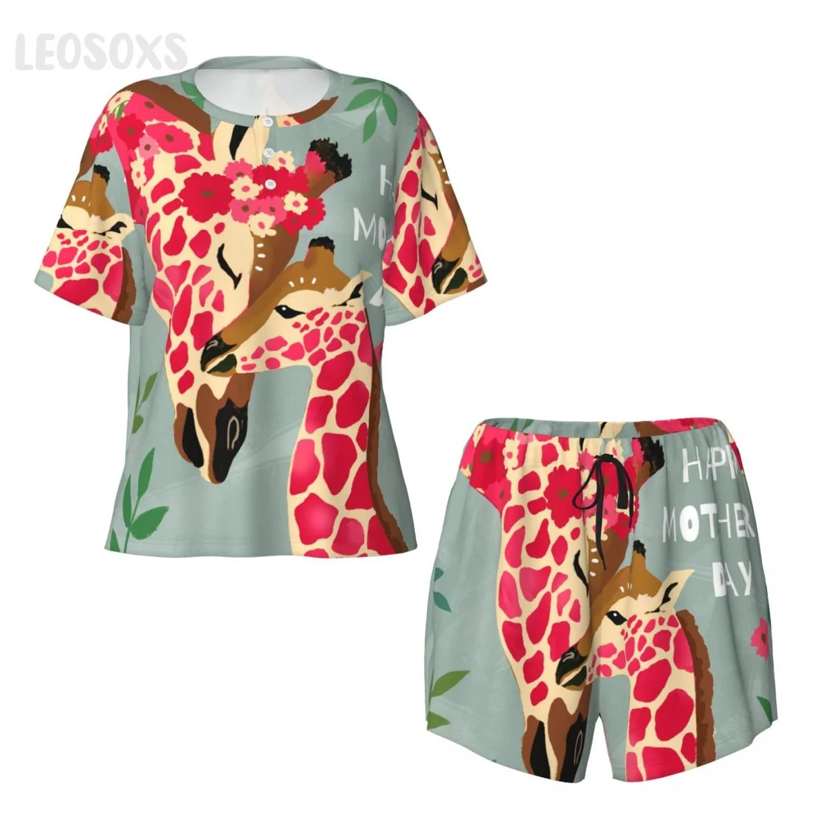 

Summer Women Sleep Lounge Pajama Mother's Day Giraffe Short-Sleeved Sets Sleepwear