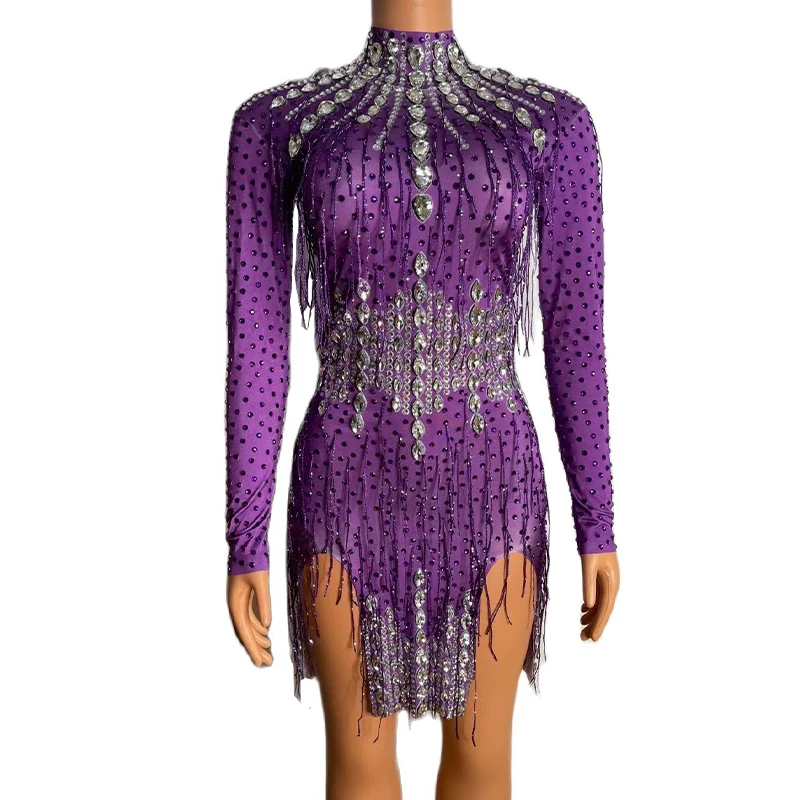 

Rhinestone Women Sexy Purple Tassel High Neck Short Dress Birthday Prom Crystals Fringe Costume