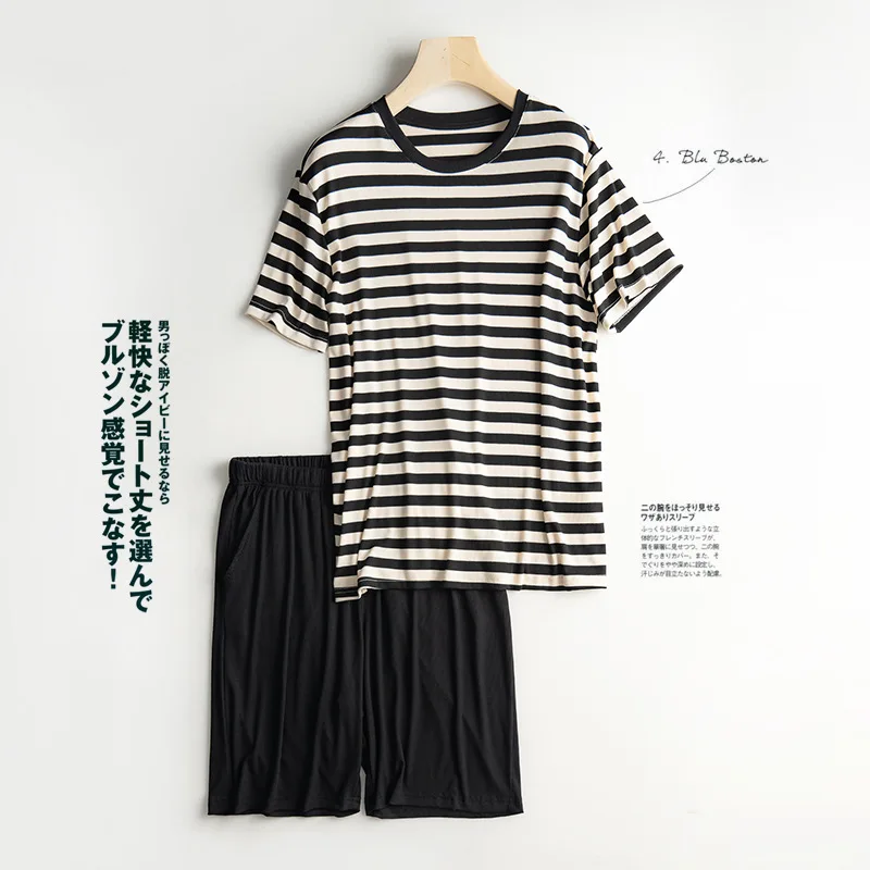

Men's Home Wear Thin Summer Short Sleeved Striped Printed Tshirts and Shorts Pijama Set Skin Friendly Casual Pyjamas Men