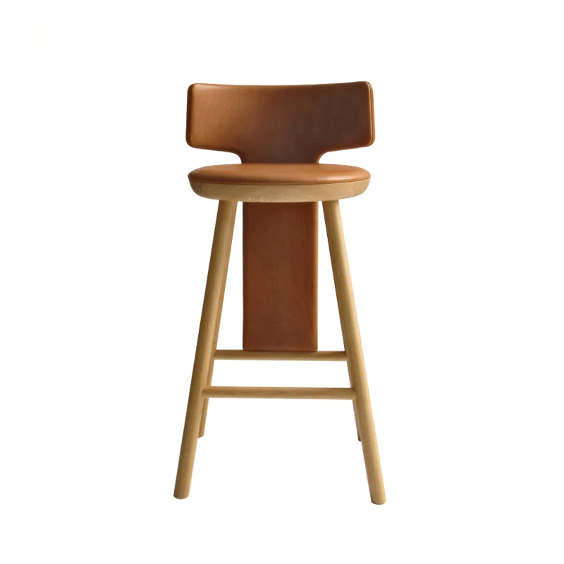 

Solid wood bar chair, household Italian minimalist leather bar chair, front desk backrest, high legged stool