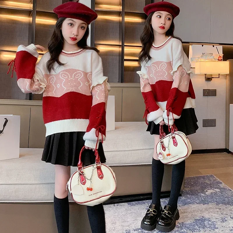 

Autumn Winter Junior Girl Pullover Sweater Childrne Girl Cartoon Rabbit Contrast Knitted Tops School Girl Thicken Knitwears