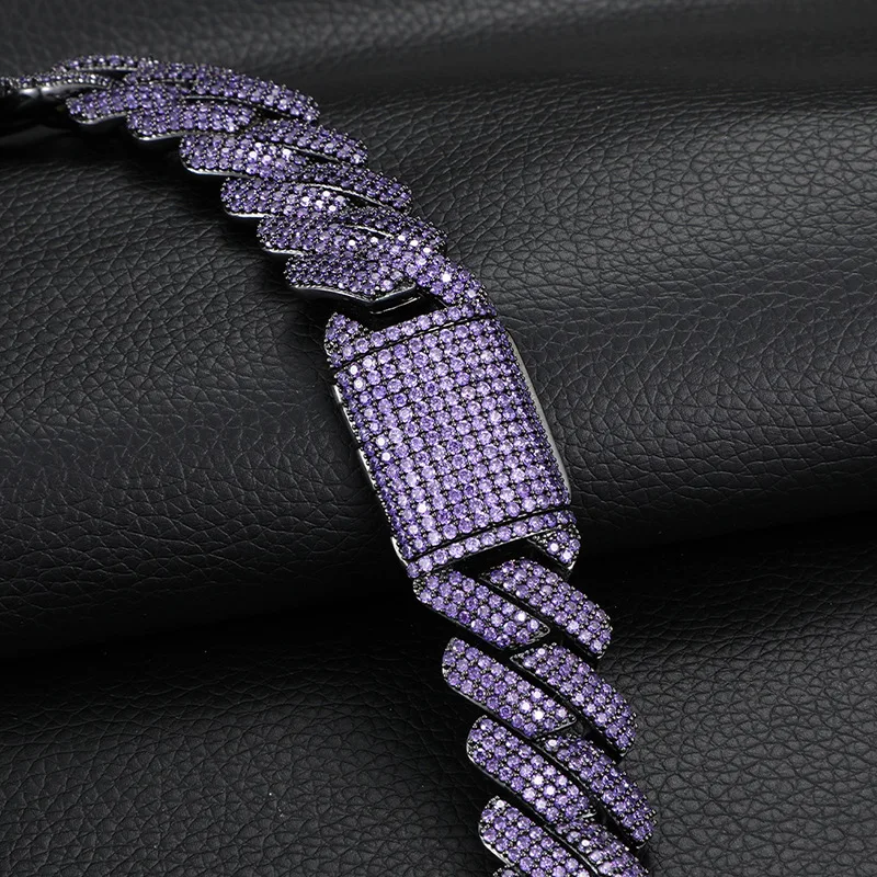 【BLACKPURPLE】Heart Crystal Cuban Chain Bracelet Man Hip Pop Purple Rhombus Prong Cuban Link Chain Necklace