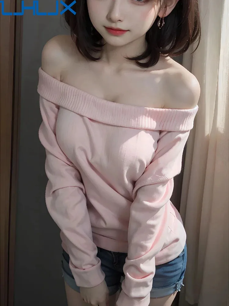 

NICEWOMEN New AI Style In-kind Shooting Pink High Quality Sexy Slash Neck Slim Knitted Pullover Sweater For Women Autumn 2023