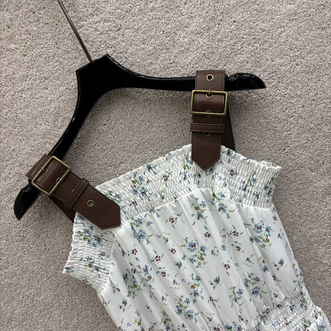 2024 Spring/Summer New Women's Wear Leather Stripe Strap Floral Elastic Waist Jumpsuit 0409