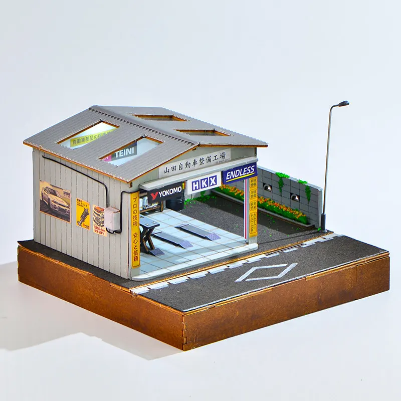 1:64 스케일 차량 수리소 디오라마, LED 조명 포함, 모형 자동차 전시용, 자동차 수집가를 위한 선물, 손으로 조립하는 미니 모형