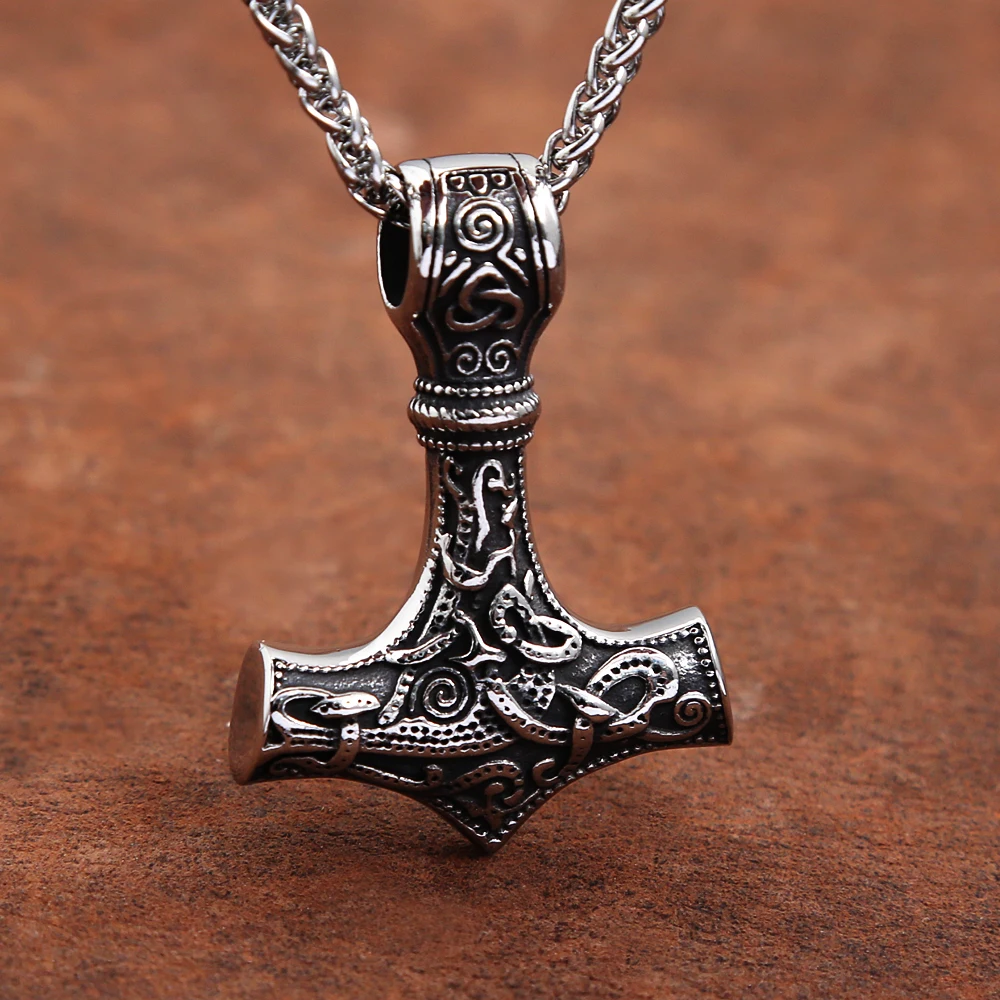 Nordic Thor Hammer Necklace Silver Color Stainless Steel Celtic Mjolnir Pendant Necklace Men's Lucky Amulet Jewelry Accessories