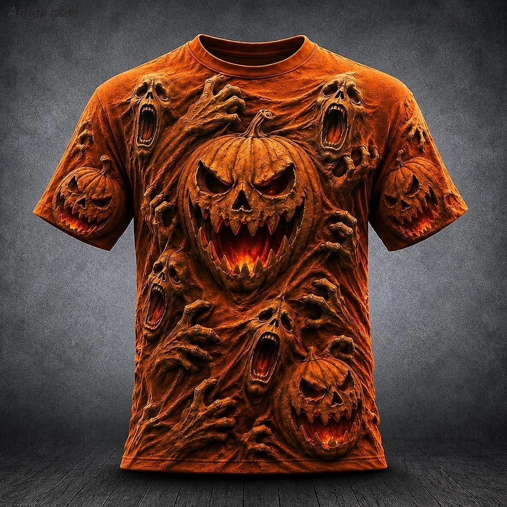 Herren 3D-Kürbis-Geist-Grafik-T-Shirt Halloween-Horror-Thema Rundhals Kurzarm Lässige Alltags-T-Shirts Oberteile