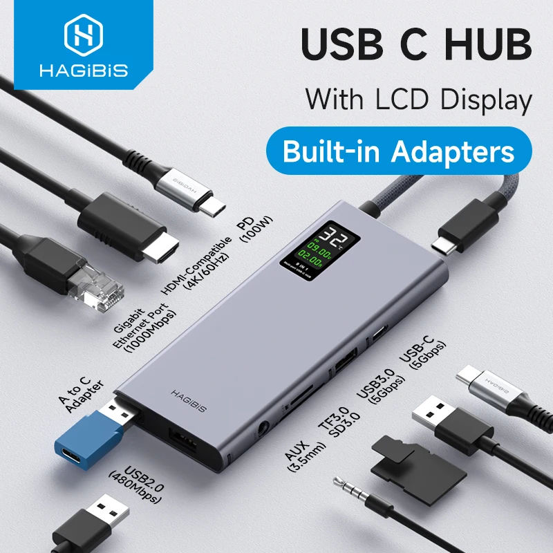 Hagibis Usb C Hub Met Lcd-Scherm Type C Multiport Adapter 4K Hdmi-Compatibel 100W Pd Gigabit Ethernet Voor Macbook Pro Ipad Hp