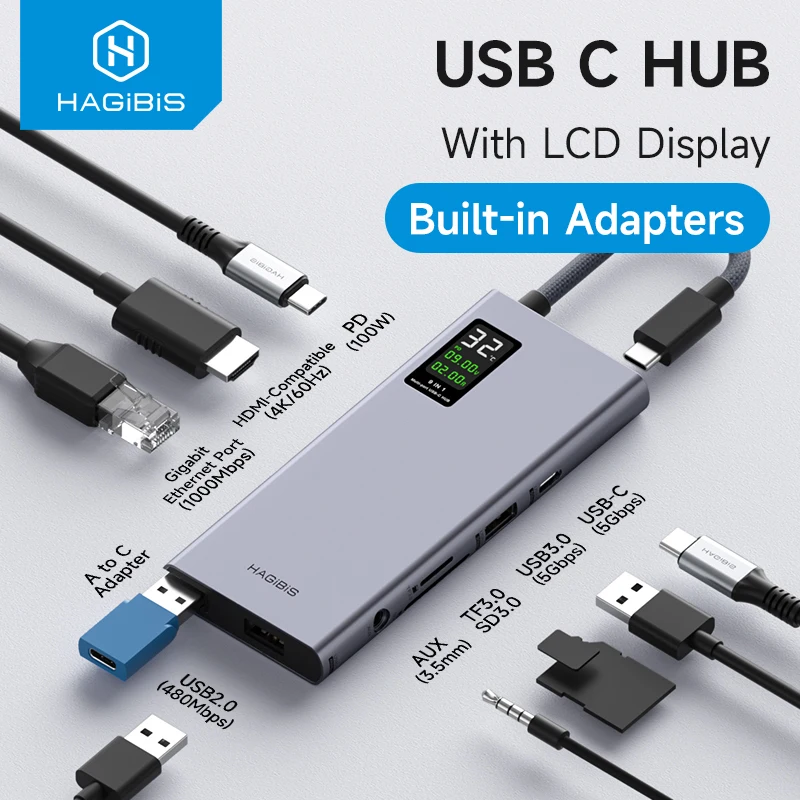 Hagibis-hub Usb c com Ecrã Lcd Adaptador Multiportas tipo c Compatível com 4k Hdmi 100w pd Ethernet Gigabit para Macbook Pro Ipad hp