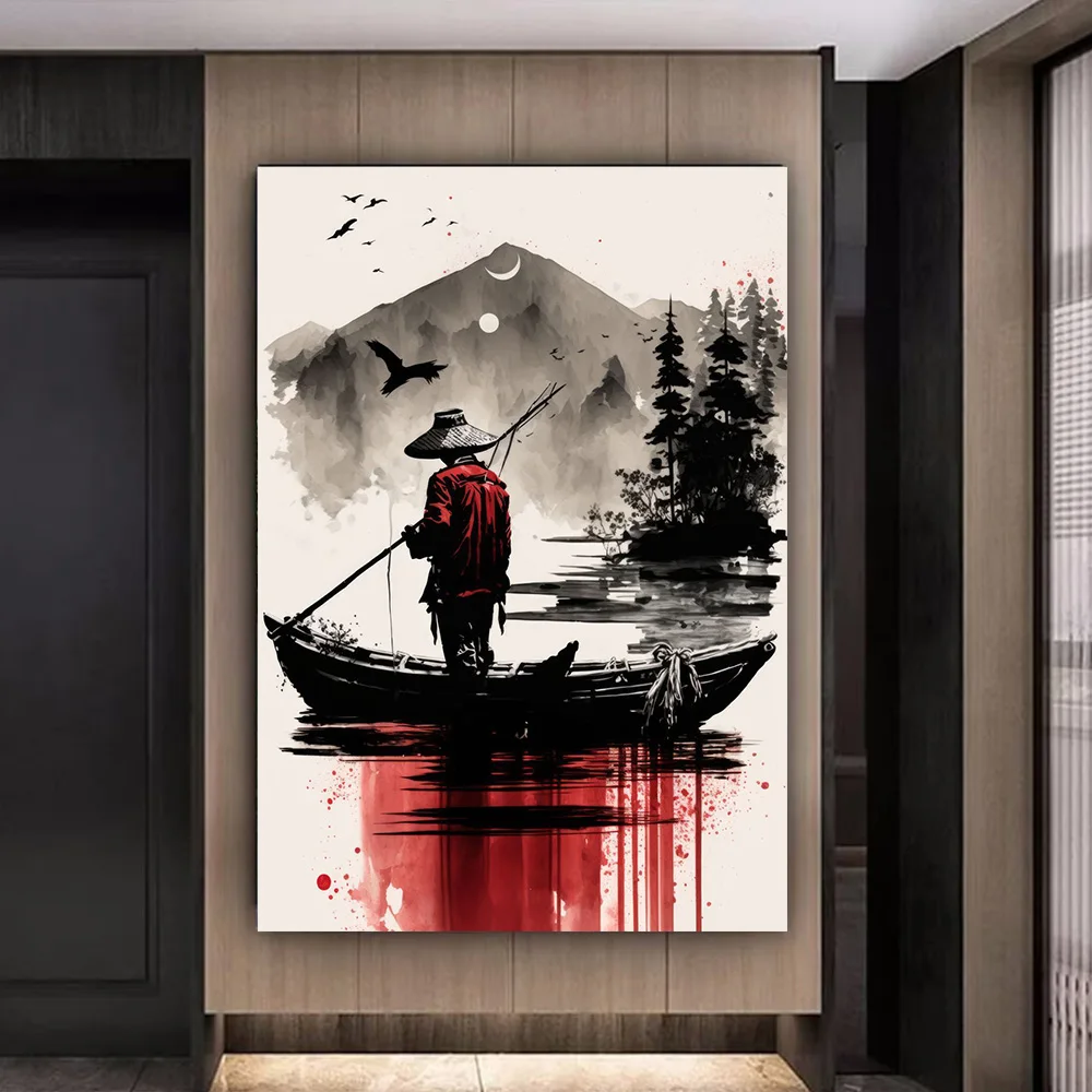 Japanese Art Abstract Fisher Fishing Poster Prints For Living Room Home  Decor Watercolor Fisherman Canvas Painting Wall Art