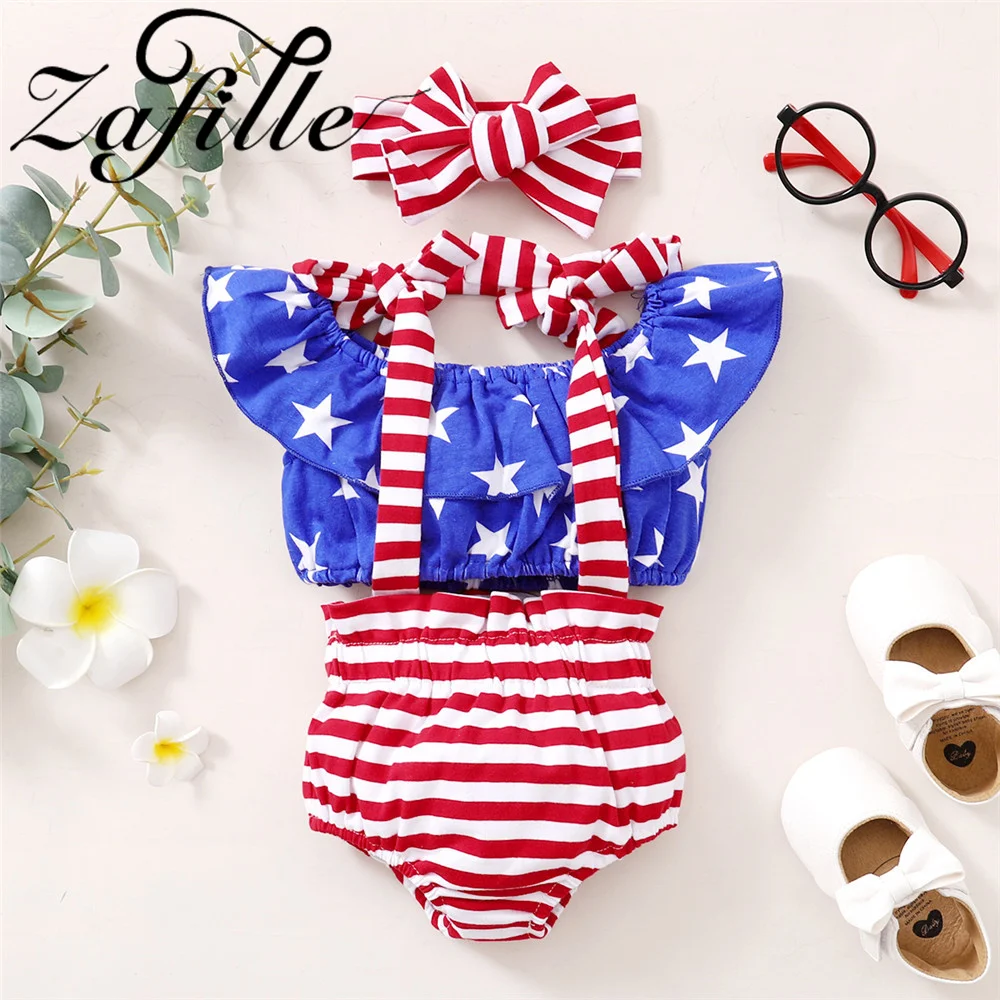 ZAFILLE 3Pcs 4th Of July Baby Outfits Stars Striped Printed Kids Toddler Costume Girls Outwear Summer Newborn Girls Clothes Set sun baby clothing set