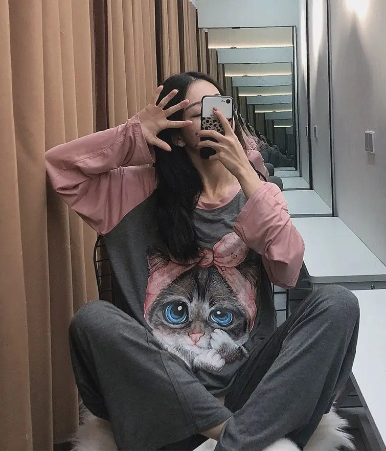 Pajama Sets for Women women pajamas set women pajama suit cotton pajamas set Cartoon Printed Long Sleeve O-neck Korean Style Comfortable Elegant Leisure Sleepwear Soft Sweet Women Set