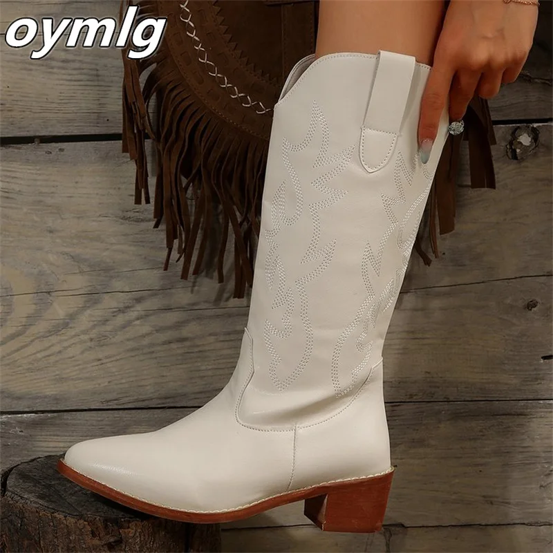 New High Barrel Embroidered Knight Boots Women's Large Pointed Thick Heels Long Barrel Leather Boots women brown long boots
